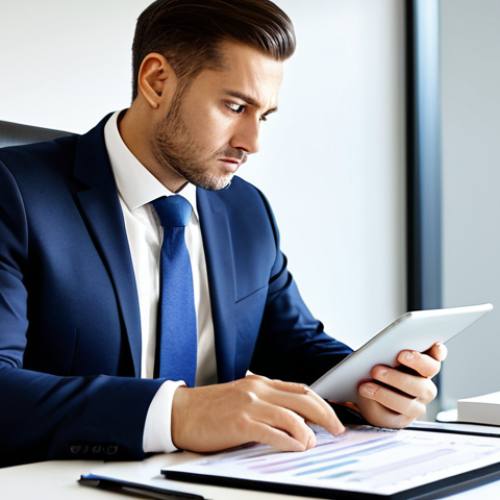 A professional business person, dressed in a modest business suit, seated at a sleek modern desk in a brightly lit, clean office. The person is intently focused, meticulously examining a detailed financial report or complex data displayed on a tablet, with a thoughtful and analytical expression. The scene emphasizes deep concentration and the observation of subtle details. fully clothed, appropriate attire, professional dress, safe for work, appropriate content, perfect anatomy, correct proportions, natural pose, well-formed hands, proper finger count, natural body proportions, professional photography, high quality, realistic.