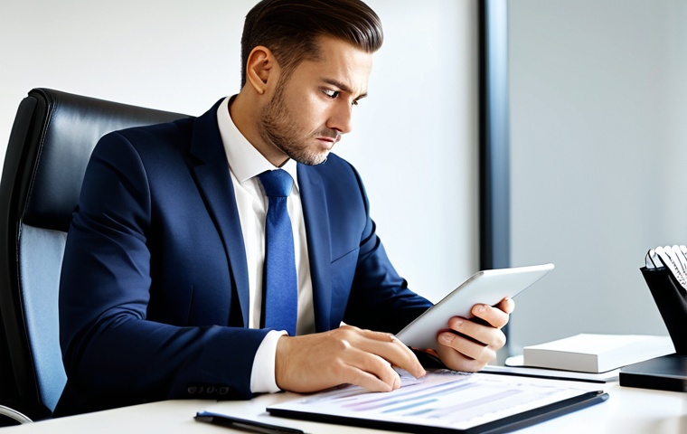A professional business person, dressed in a modest business suit, seated at a sleek modern desk in a brightly lit, clean office. The person is intently focused, meticulously examining a detailed financial report or complex data displayed on a tablet, with a thoughtful and analytical expression. The scene emphasizes deep concentration and the observation of subtle details. fully clothed, appropriate attire, professional dress, safe for work, appropriate content, perfect anatomy, correct proportions, natural pose, well-formed hands, proper finger count, natural body proportions, professional photography, high quality, realistic.