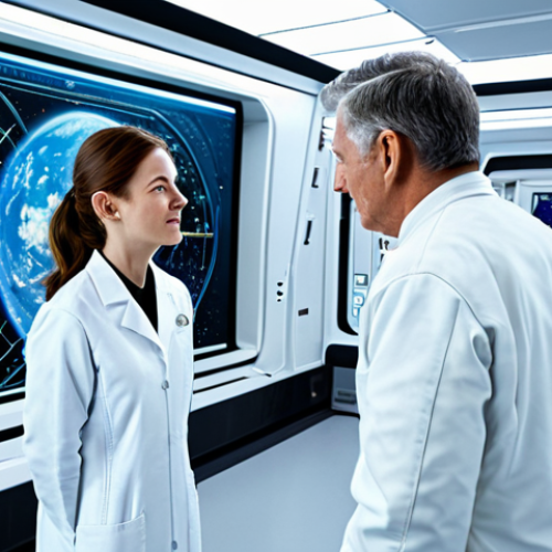 A professional female astrophysicist in a modest lab coat and appropriate professional dress, standing next to a mature male astronaut in a clean, modest flight suit. They are in a brightly lit, futuristic space station research lab, intently examining a large, glowing holographic display showing complex cosmic schematics. Through a panoramic window in the background, a beautiful, distant Earth is visible. The scene exudes professionalism, intellectual curiosity, and hope for humanity's future. The image features perfect anatomy, correct proportions, a natural pose, well-formed hands, and proper finger count. This is a safe for work, appropriate content, and fully clothed image, suitable for a family-friendly audience.