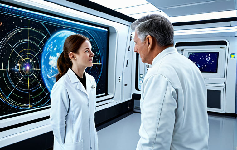 A professional female astrophysicist in a modest lab coat and appropriate professional dress, standing next to a mature male astronaut in a clean, modest flight suit. They are in a brightly lit, futuristic space station research lab, intently examining a large, glowing holographic display showing complex cosmic schematics. Through a panoramic window in the background, a beautiful, distant Earth is visible. The scene exudes professionalism, intellectual curiosity, and hope for humanity's future. The image features perfect anatomy, correct proportions, a natural pose, well-formed hands, and proper finger count. This is a safe for work, appropriate content, and fully clothed image, suitable for a family-friendly audience.
